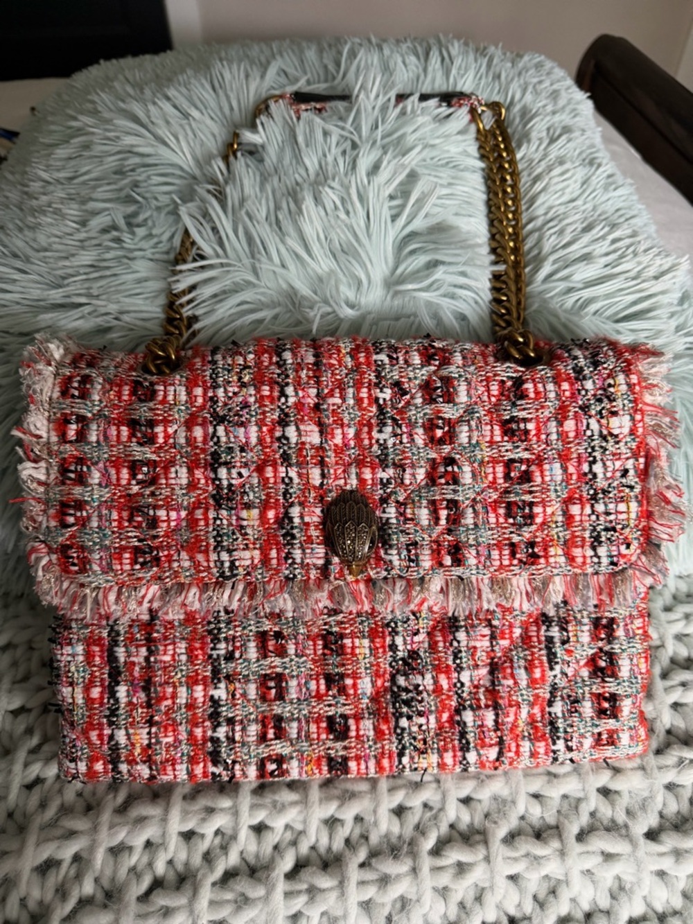 Kurt Geiger Coral Pink Tweed Shoulder Bag with Gold Chain
